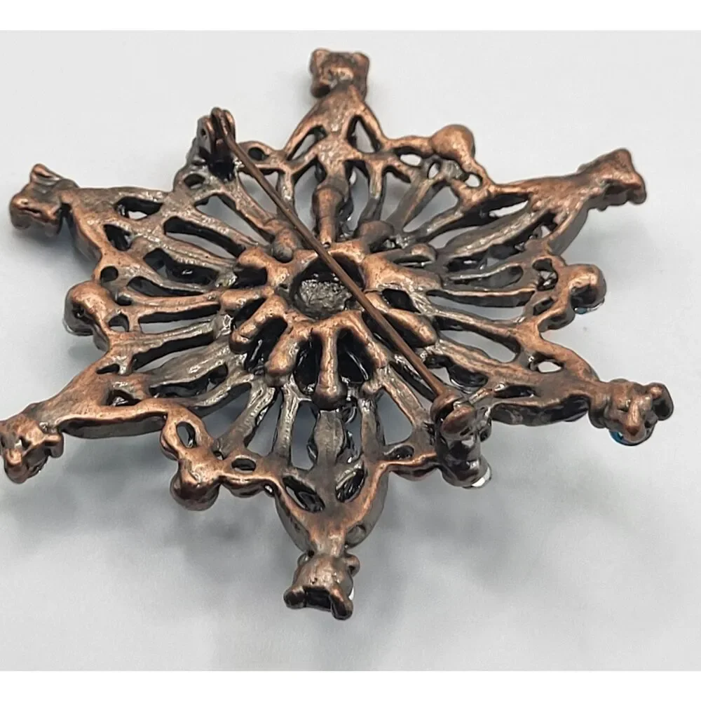 Retro 50s Style Starburst Copper Blue Turquoise Rhinestone Brooch 3in